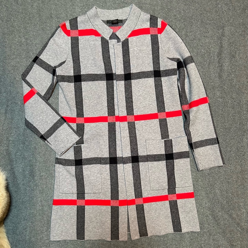 Gray and Red Plaid Long Coat